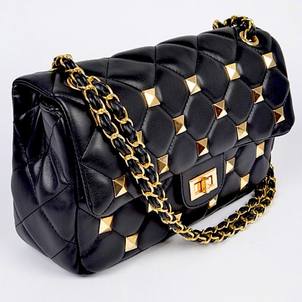 Medium Black studded Shoulder bag soft quilted leather